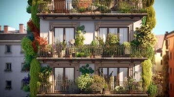 Generative AI, beautiful balcony surrounded by a tropical style garden, blooming flowers and green plants photo