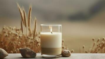 Generative AI, burning candle on beige background. Aesthetic composition with stones and dry flowers. Home interior, comfort, spa, relax and wellness concept. photo