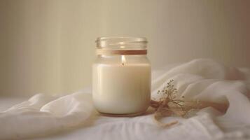 Generative AI, burning candle on beige background. Aesthetic composition with stones and dry flowers. Home interior, comfort, spa, relax and wellness concept. photo