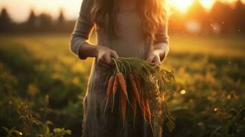 Generative AI, vegetables in the hands of a woman farmer in the garden, carrots from the ground, a good harvest of eco products. photo