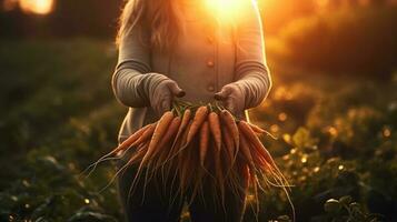 Generative AI, vegetables in the hands of a woman farmer in the garden, carrots from the ground, a good harvest of eco products. photo