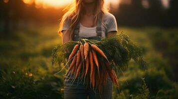 Generative AI, vegetables in the hands of a woman farmer in the garden, carrots from the ground, a good harvest of eco products. photo