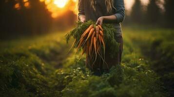 Generative AI, vegetables in the hands of a woman farmer in the garden, carrots from the ground, a good harvest of eco products. photo