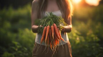 Generative AI, vegetables in the hands of a woman farmer in the garden, carrots from the ground, a good harvest of eco products. photo