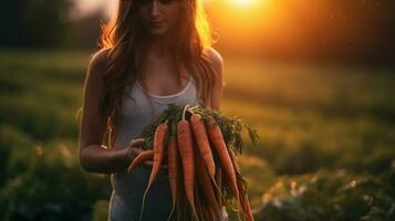 Generative AI, vegetables in the hands of a woman farmer in the garden, carrots from the ground, a good harvest of eco products. photo