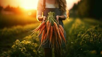 Generative AI, vegetables in the hands of a woman farmer in the garden, carrots from the ground, a good harvest of eco products. photo