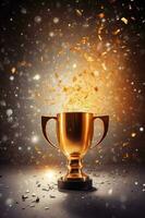 Generative AI, Winner trophy with flames, golden champion cup with falling confetti on dark vertical background photo