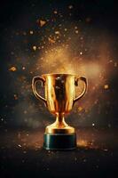 Generative AI, Winner trophy with flames, golden champion cup with falling confetti on dark vertical background photo