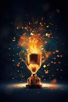 Generative AI, Winner trophy with flames, golden champion cup with falling confetti on dark vertical background photo