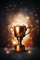 Generative AI, Winner trophy with flames, golden champion cup with falling confetti on dark vertical background photo