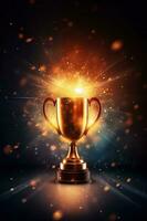 Generative AI, Winner trophy with flames, golden champion cup with falling confetti on dark vertical background photo