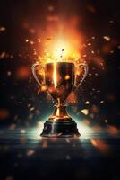 , Winner trophy with flames, golden champion cup with falling confetti on dark vertical background photo