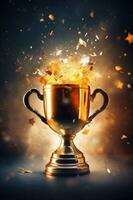 Generative AI, Winner trophy with flames, golden champion cup with falling confetti on dark vertical background photo