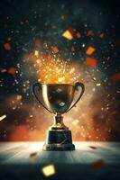 Generative AI, Winner trophy with flames, golden champion cup with falling confetti on dark vertical background photo