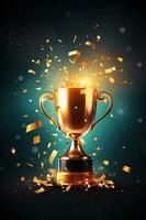 Generative AI, Winner trophy with flames, golden champion cup with falling confetti on dark vertical background photo