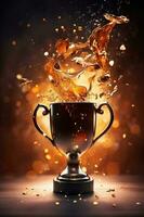 generativo ai, ganador trofeo con llamas, dorado campeón taza con que cae papel picado en oscuro vertical antecedentes foto