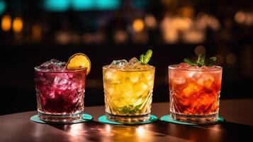 , three different bright cocktails glasses on the bar dark background. photo