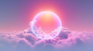 Generative AI, circle shape glowing with neon light inside the soft colorful cloud, fantasy pink and purple sky photo