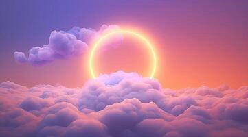 Generative AI, circle shape glowing with neon light inside the soft colorful cloud, fantasy pink and purple sky photo