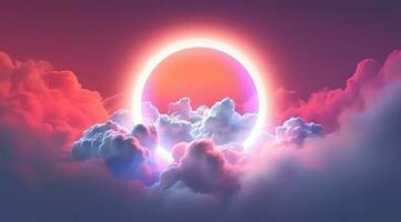 Generative AI, circle shape glowing with neon light inside the soft colorful cloud, fantasy pink and purple sky photo
