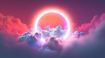 Generative AI, circle shape glowing with neon light inside the soft colorful cloud, fantasy pink and purple sky photo