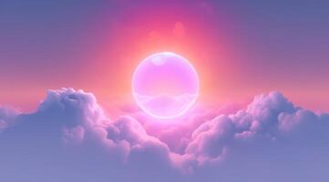 , circle shape glowing with neon light inside the soft colorful cloud, fantasy pink and purple sky photo