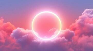 Generative AI, circle shape glowing with neon light inside the soft colorful cloud, fantasy pink and purple sky photo