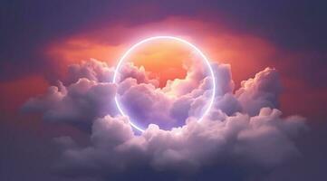 Generative AI, circle shape glowing with neon light inside the soft colorful cloud, fantasy pink and purple sky photo