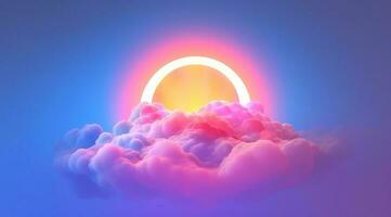 Generative AI, circle shape glowing with neon light inside the soft colorful cloud, fantasy pink and purple sky photo