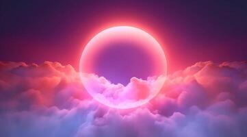 Generative AI, circle shape glowing with neon light inside the soft colorful cloud, fantasy pink and purple sky photo