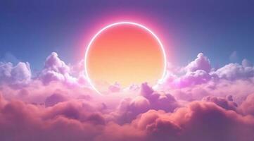 Generative AI, circle shape glowing with neon light inside the soft colorful cloud, fantasy pink and purple sky photo