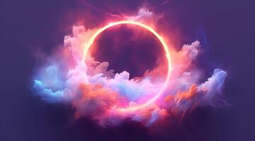 Generative AI, circle shape glowing with neon light inside the soft colorful cloud, fantasy pink and purple sky photo