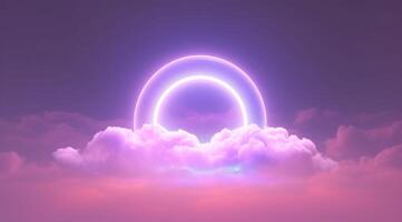 Generative AI, circle shape glowing with neon light inside the soft colorful cloud, fantasy pink and purple sky photo