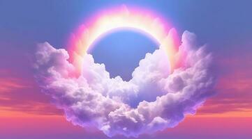 Generative AI, circle shape glowing with neon light inside the soft colorful cloud, fantasy pink and purple sky photo