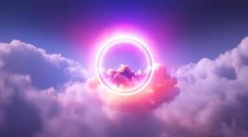 Generative AI, circle shape glowing with neon light inside the soft colorful cloud, fantasy pink and purple sky photo