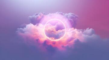 Generative AI, circle shape glowing with neon light inside the soft colorful cloud, fantasy pink and purple sky photo