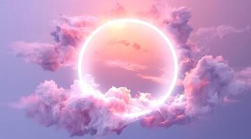, circle shape glowing with neon light inside the soft colorful cloud, fantasy pink and purple sky photo