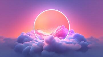 Generative AI, circle shape glowing with neon light inside the soft colorful cloud, fantasy pink and purple sky photo