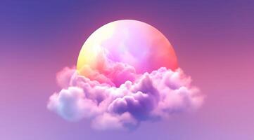 , circle shape glowing with neon light inside the soft colorful cloud, fantasy pink and purple sky photo