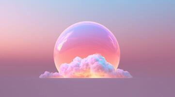 , circle shape glowing with neon light inside the soft colorful cloud, fantasy pink and purple sky photo