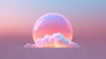 Generative AI, circle shape glowing with neon light inside the soft colorful cloud, fantasy pink and purple sky photo