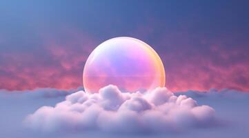 Generative AI, circle shape glowing with neon light inside the soft colorful cloud, fantasy pink and purple sky photo