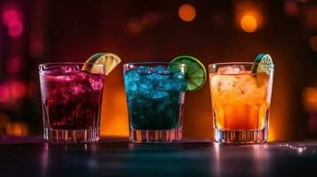 Generative AI, three different bright cocktails glasses on the bar dark background. photo