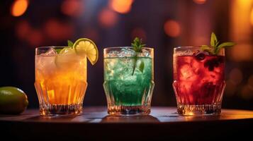 , three different bright cocktails glasses on the bar dark background. photo