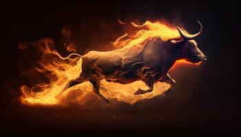 Running fire bull, stock market bull phase, illustration photo