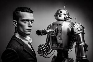 persona y robot retrato, hombre y androide, ilustración de tecnología y futuro, generativo ai foto