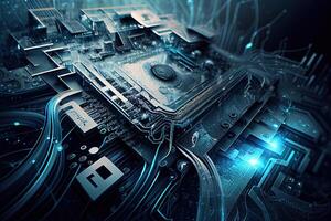 Technology Background Blue Glow Light, Abstract Digital Graphic Design Wallpaper. CPU or GPU Motherboard Chip photo