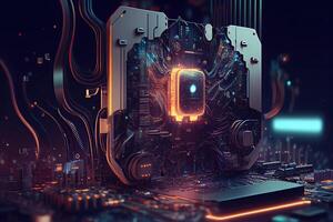 Technology Background Blue Glow Light, Abstract Digital Graphic Design Wallpaper. CPU or GPU Motherboard Chip photo