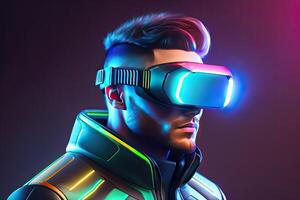 Man in VR Digital Glasses on Neon Background photo