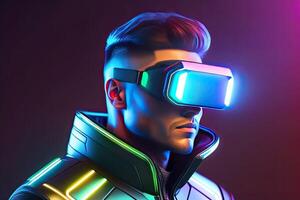 Man in VR Digital Glasses on Neon Background photo